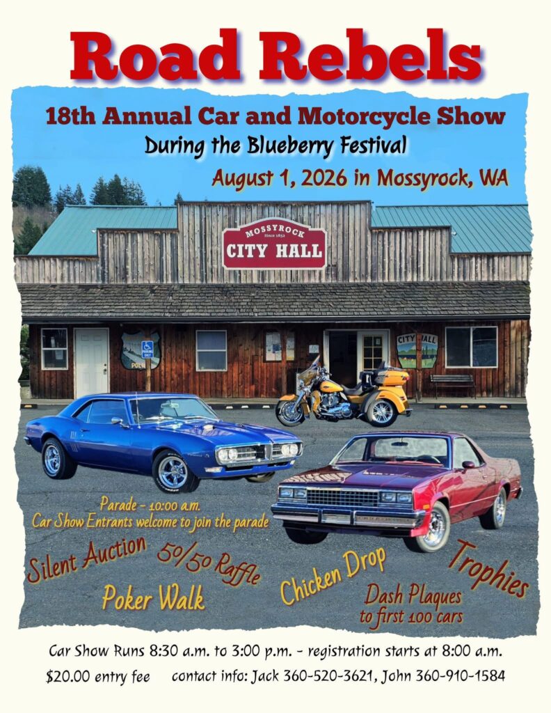 Road Rebels 18th Annual Car and Motorcycle Show event at Mossyrock City Hall in Mossyrock, WA on August 1, 2026