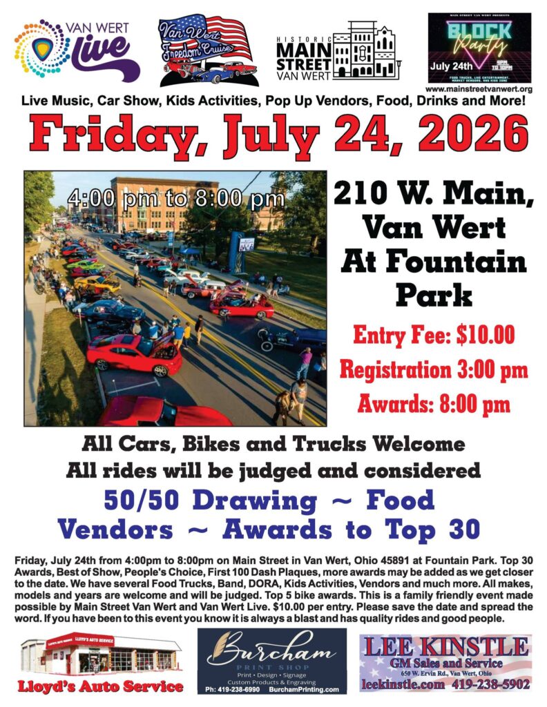 Van Wert Live Freedom Cruise event at Fountain Park in Van Wert, OH on July 24, 2026