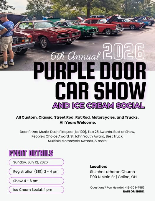 6th Annual 2026 Purple Door Car Show And Ice Cream Social event at St John Lutheran Church in Celina, OH on July 12, 2026