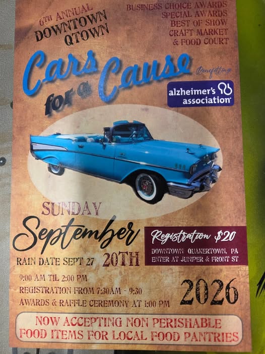 6th Annual Downtown Qtown Cars for a Cause event at Downtown Quakertown, PA in Quakertown, PA on September 20, 2026