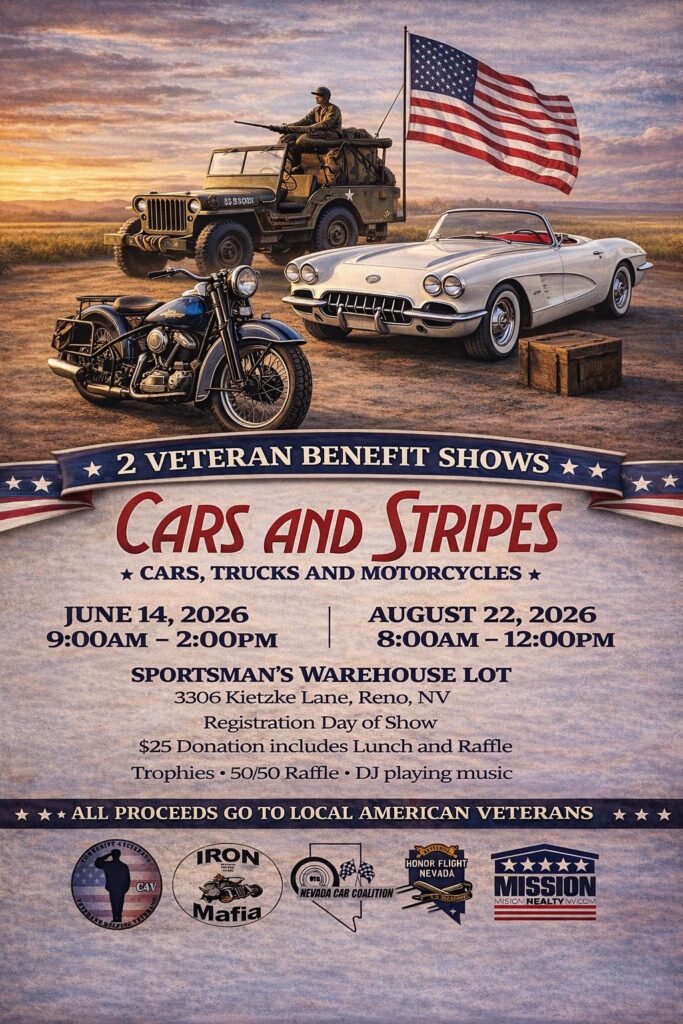 2 Veteran Benefit Shows Cars and Stripes event at Sportsman's Warehouse Lot in Reno, NV on June 14, 2026