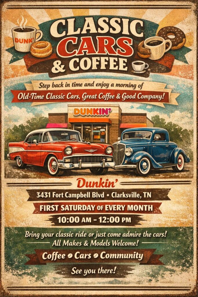 Dunkin' Classic Cars & Coffee event at Dunkin' in Clarksville, TN on May 6, 2026