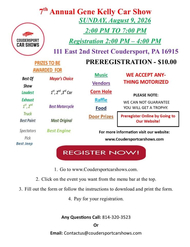 7th Annual Gene Kelly Car Show - NEW TIME THIS YEAR event at 111 E 2Nd St in Coudersport, PA on August 9, 2026