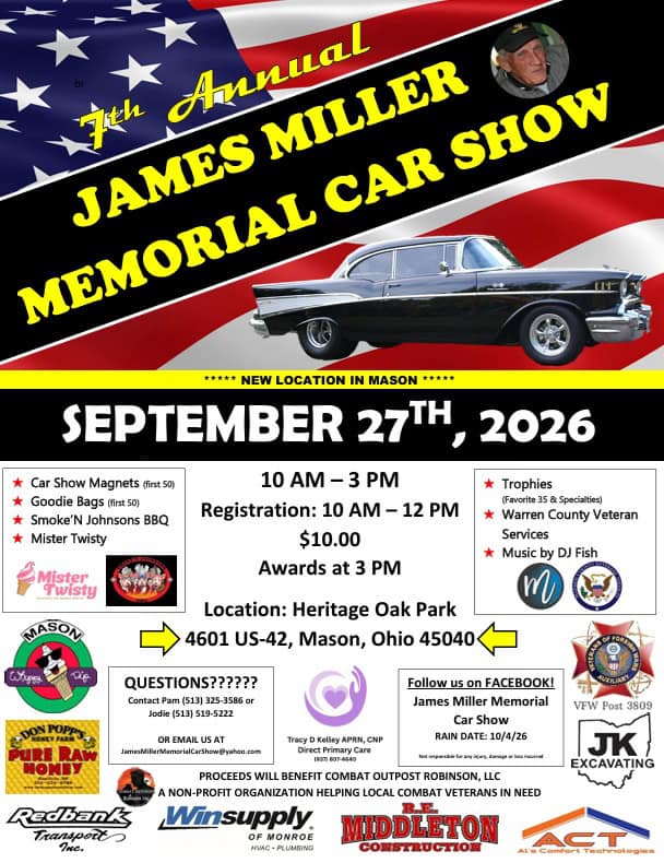 7th Annual James Miller Memorial Car Show event at 4601 State Route 42 in Mason, OH on September 27, 2026