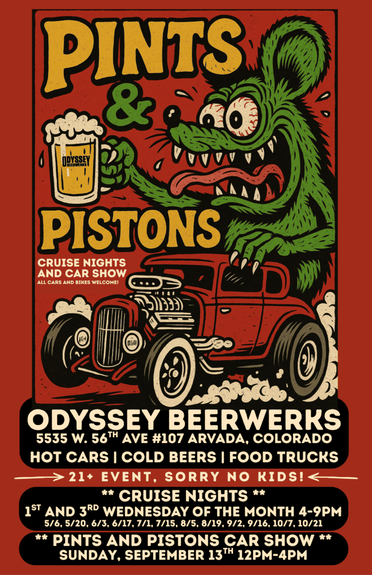 Pints and Pistons at Odyssey Beerwerks car show in Arvada, CO