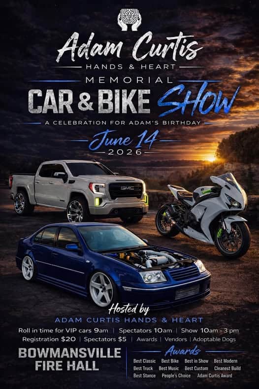 Adam Curtis Hands & Heart Memorial Car & Bike Show event at Bowmansville Fire Hall in Bowmansville, NY on June 14, 2026