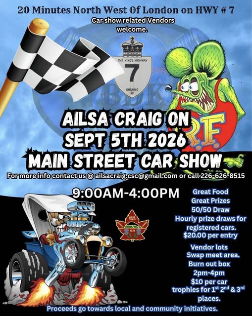 Ailsa Craig On Main Street Car Show event at Main Street in Ailsa Craig, ON on September 5, 2026