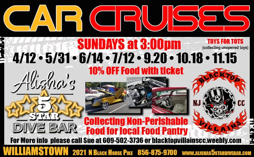 Alisha's 5 Star Dive Bar Car Cruises event at Alisha's 5 Star Dive Bar in Williamstown, NJ on April 12, 2026