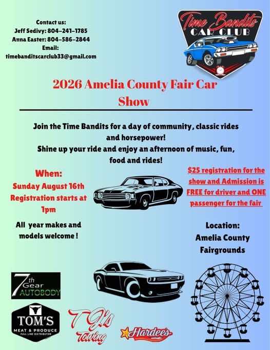 Amelia County Fair Car Show event at Amelia County Fairgrounds in Amelia Court House, VA on August 16, 2026