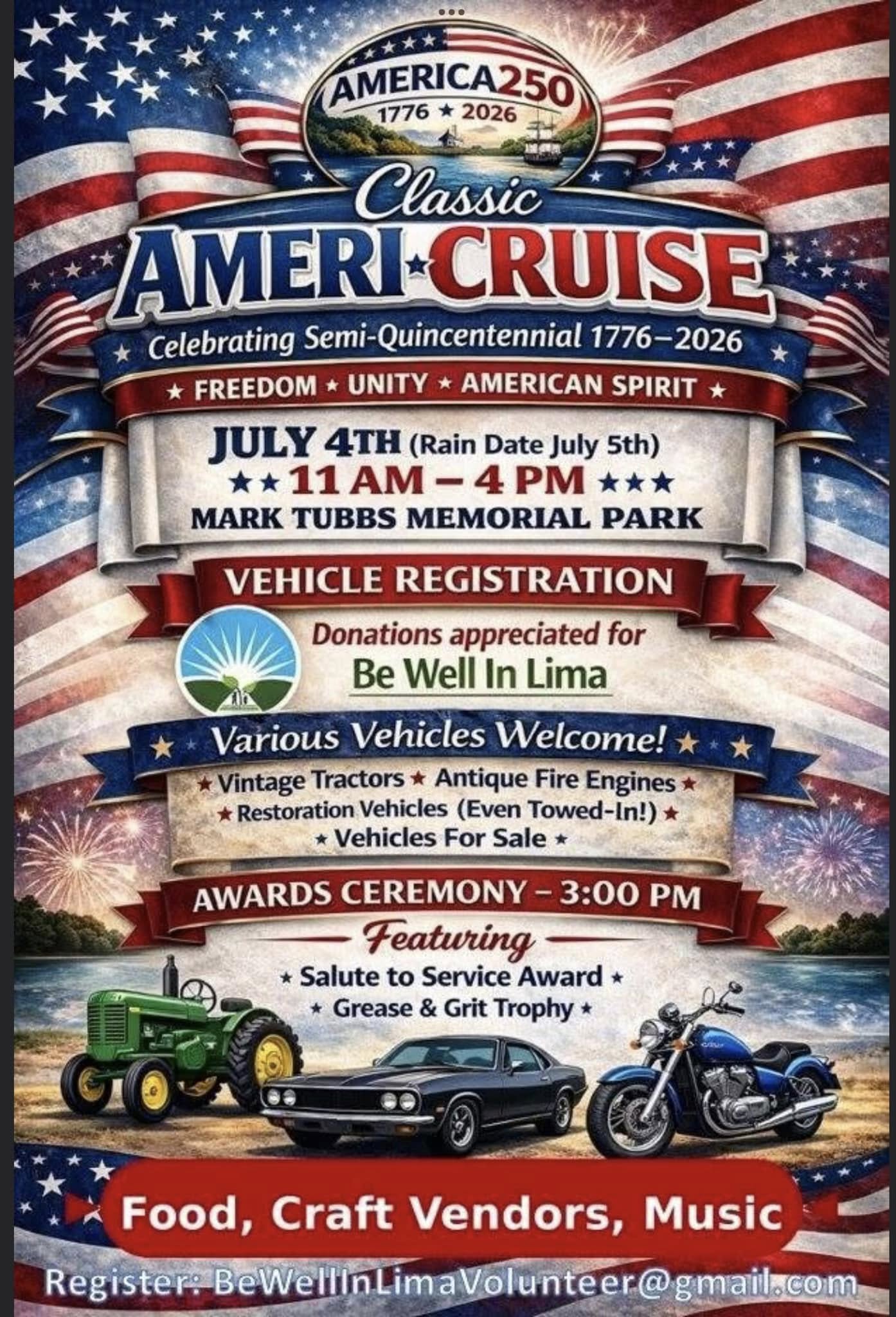 America250 Classic Ameri-Cruise event at Mark Tubbs Memorial Park in Lima, NY on July 4, 2026