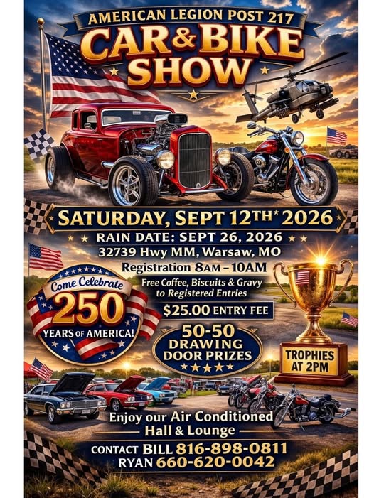 American Legion Post 217 Car & Bike Show event at 32739 Hwy Mm in Warsaw, MO on September 12, 2026