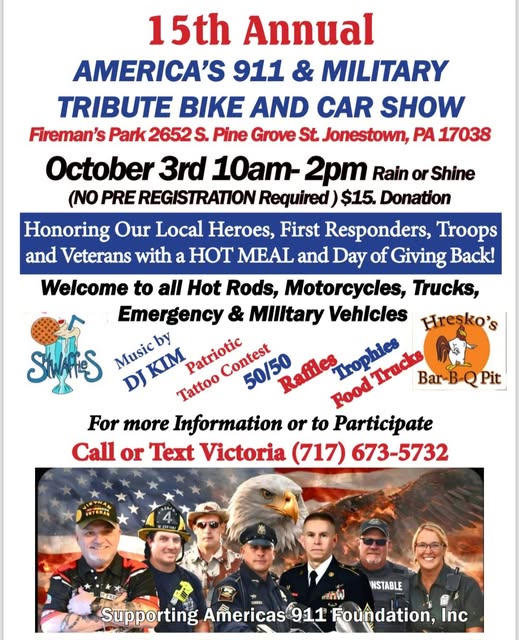 America's 911 & Military Tribute Bike And Car Show event at Fireman's Park in Jonestown, PA on October 3, 2026