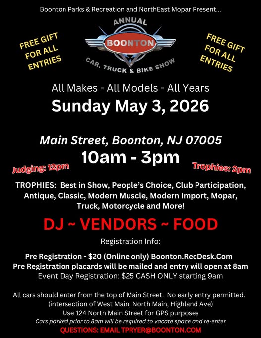 Annual Boonton Car, Truck & Bike Show event at Main Street in Boonton, NJ on May 3, 2026