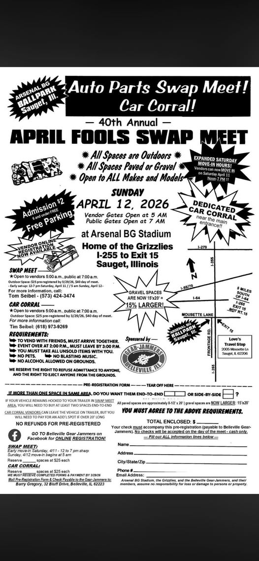 Arsenal BG Auto Parts Swap Meet! Car Corral! 40th Annual APRIL FOOLS SWAP MEET event at Arsenal BG Stadium in Sauget, IL on April 12, 2026