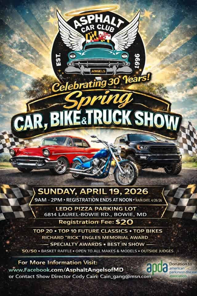 Asphalt Angels SPRING Car, Bike & Truck Show event at 6814 Laurel Bowie Rd in Bowie, MD on April 19, 2026
