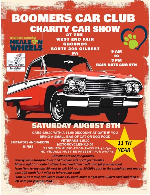 Boomers Car Club Charity Car Show event at West End Fair Grounds in Gilbert, PA on August 8, 2026