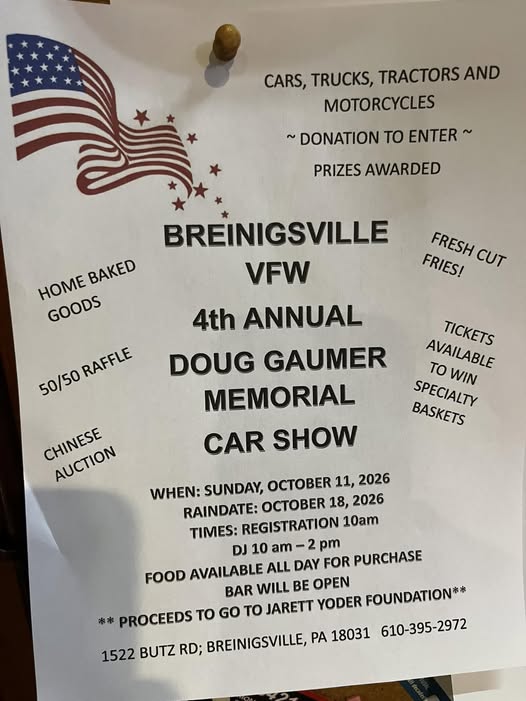 Breinigsville VFW 4th Annual Doug Gaumer Memorial Car Show event at Breinigsville VFW in Breinigsville, PA on October 11, 2026