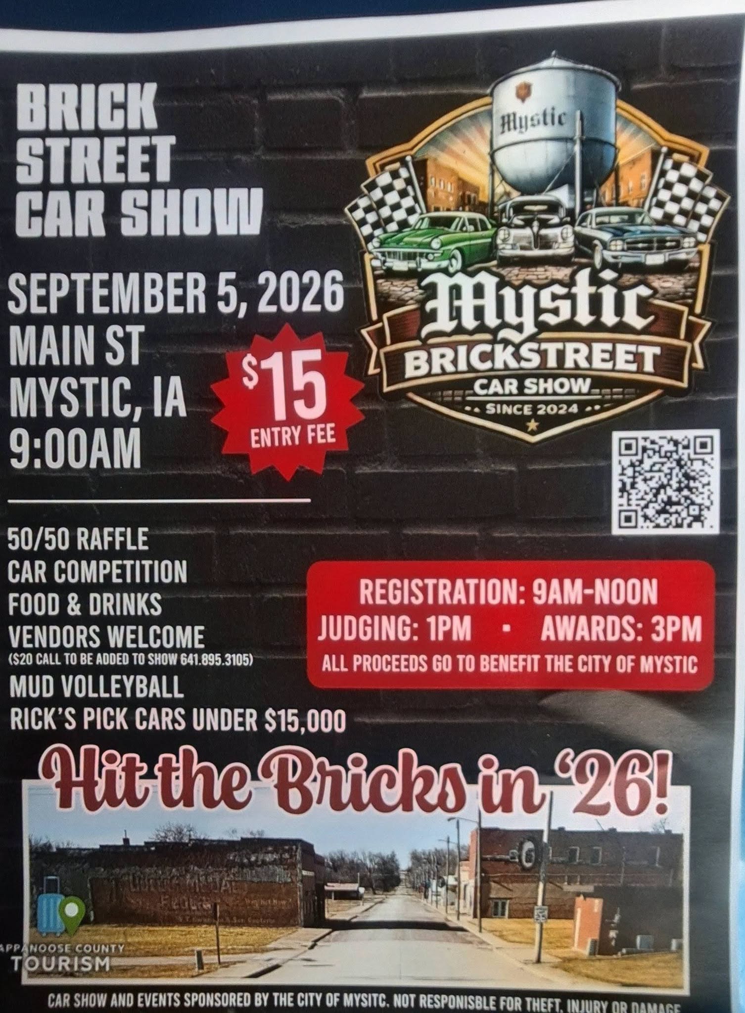 Brick Street Car Show event at Main St in Mystic, IA on September 5, 2026