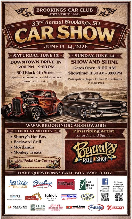 Brookings Car Club 33rd Annual Brookings, SD Car Show event at Downtown Brookings in Brookings, SD on June 13, 2026