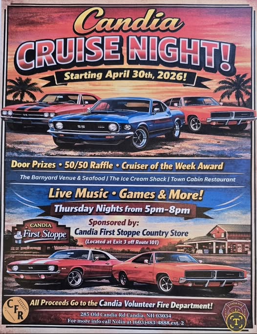 Candia Cruise Night! event at The Barnyard Venue & Seafood in Candia, NH on April 30, 2026