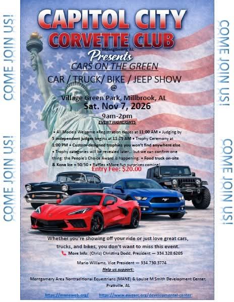 Capitol City Corvette Club Presents Cars On The Green Car / Truck / Bike / Jeep Show event at Village Green Park in Millbrook, AL on November 7, 2026