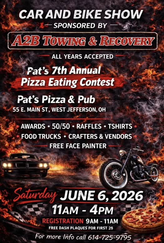 Car And Bike Show Sponsored By A2B Towing & Recovery event at Pat's Pizza & Pub in West Jefferson, OH on June 6, 2026