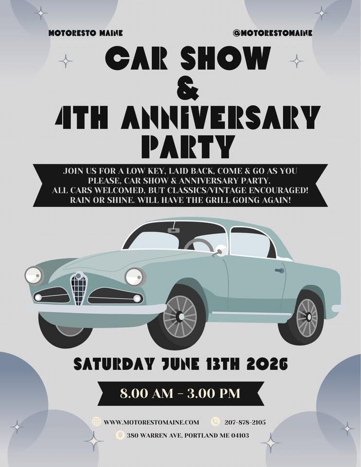 Car Show and Anniversary Party event at 380 Warren Ave in Portland, ME on June 13, 2026