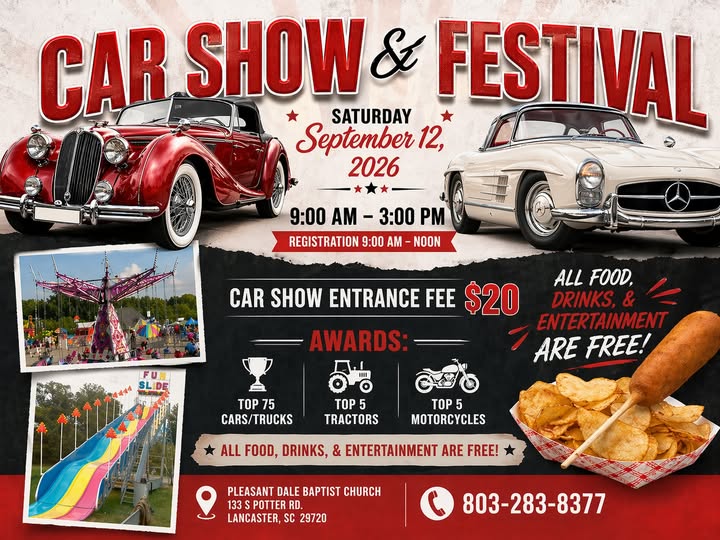 Car Show & Festival event at Pleasant Dale Baptist Church in Lancaster, SC on September 12, 2026
