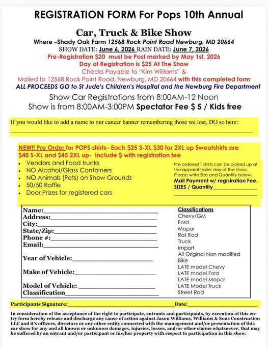 Car, Truck & Bike Show event at Shady Oak Farm in Newburg, MD on June 6, 2026