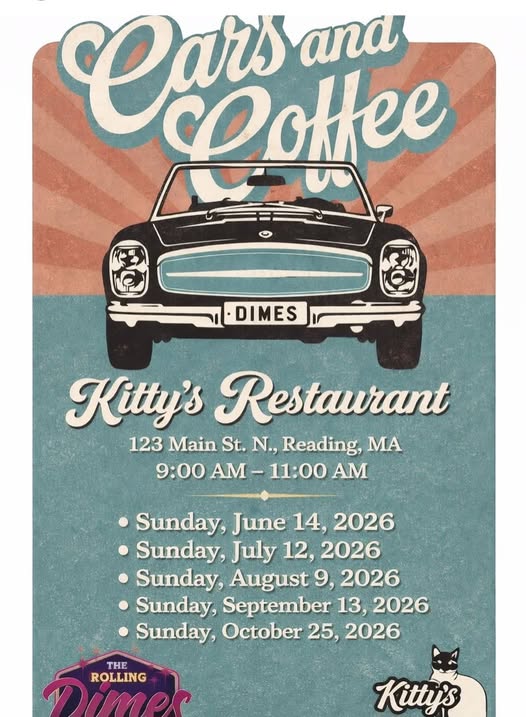 Cars and Coffee event at Kitty's Restaurant in Reading, MA on June 14, 2026