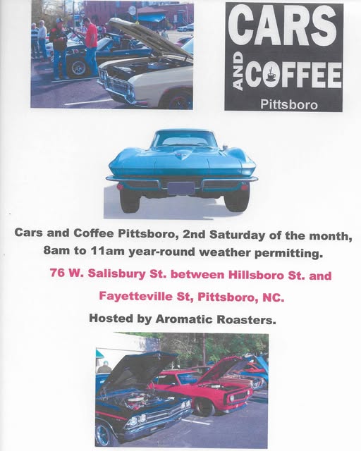Cars and Coffee Pittsboro event at 76 W. Salisbury St. in Pittsboro, NC on April 11, 2026