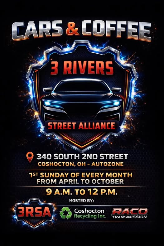 Cars & Coffee 3 Rivers Street Alliance event at AutoZone in Coshocton, OH on May 1, 2026