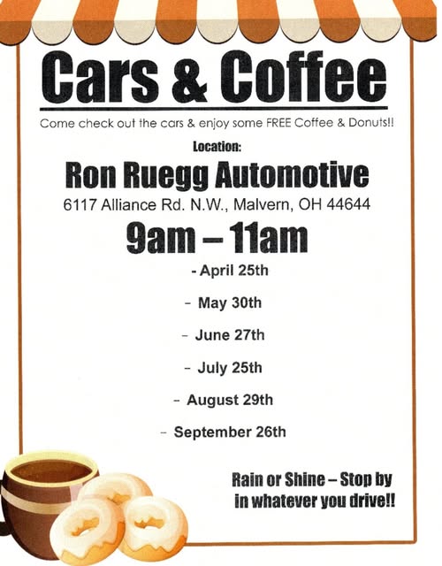 Cars & Coffee event at Ron Ruegg Automotive in Malvern, OH on April 25, 2026