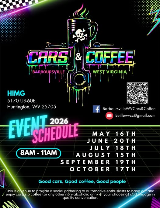 Cars & Coffee Barboursville event at HIMG in Huntington, WV on May 16, 2026