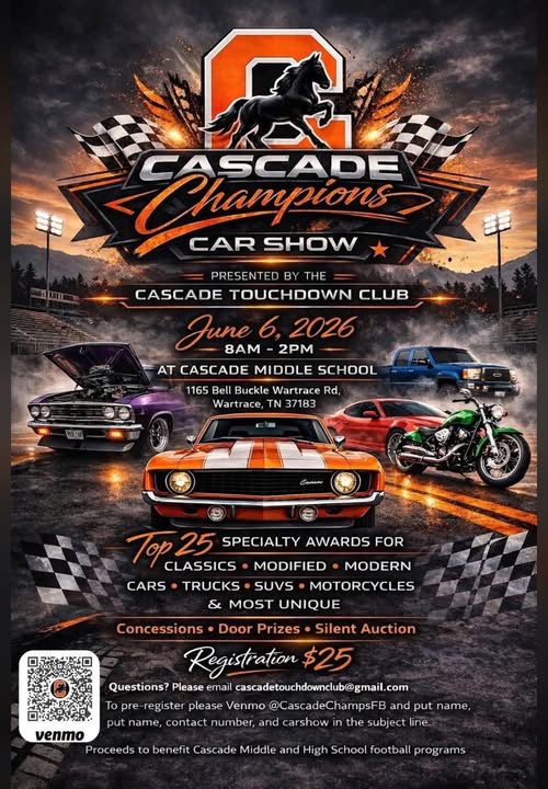 Cascade Champions Car Show event at Cascade Middle School in Wartrace, TN on June 6, 2026