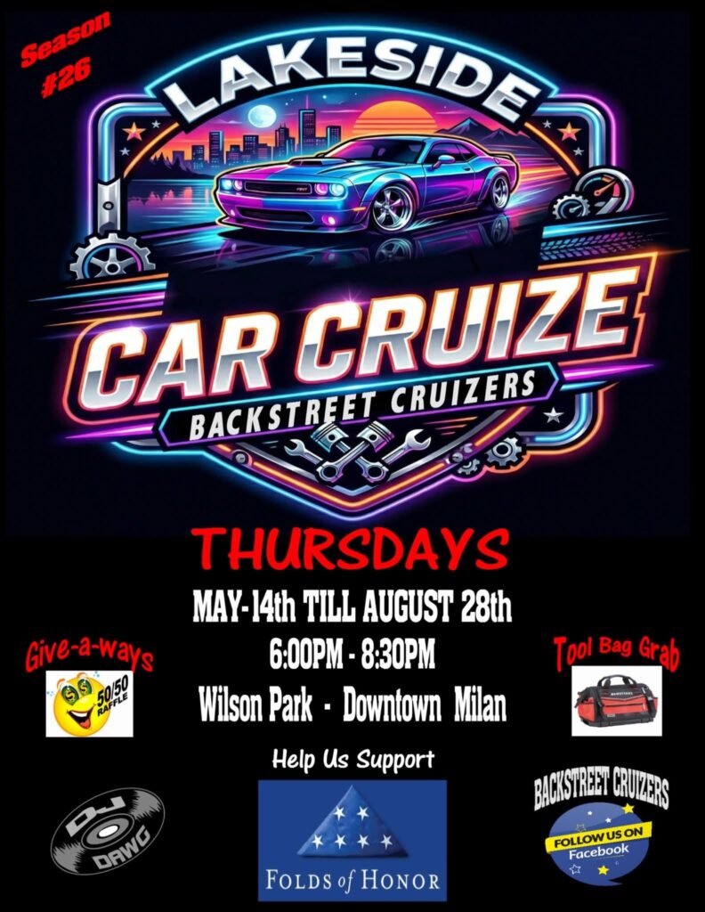 Lakeside Car Cruize Backstreet Cruizers event at Wilson Park in Milan, MI on May 14, 2026