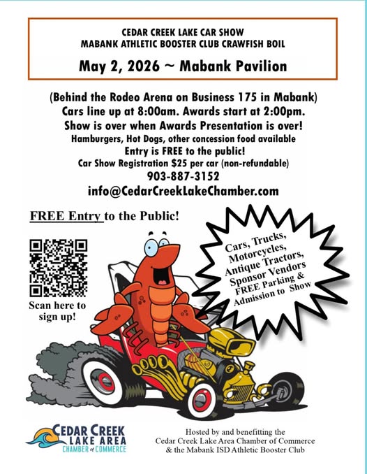 Cedar Creek Lake Car Show event at Mabank Pavilion in Mabank, TX on May 2, 2026
