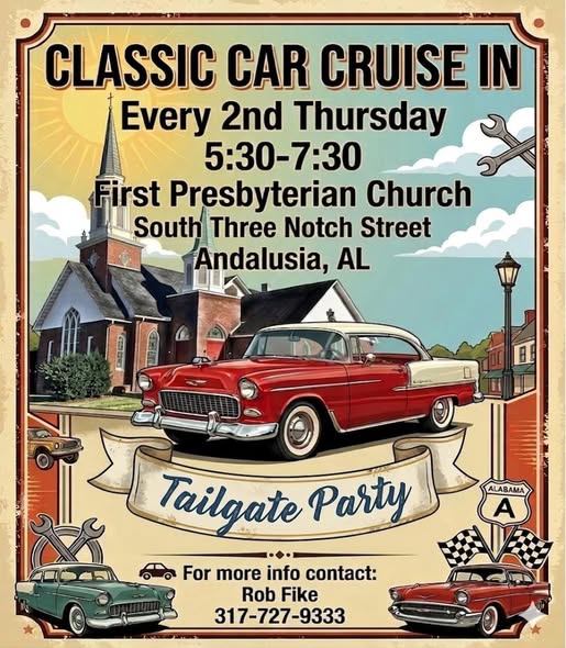 Classic Car Cruise In event at First Presbyterian Church in Andalusia, AL on April 14, 2026