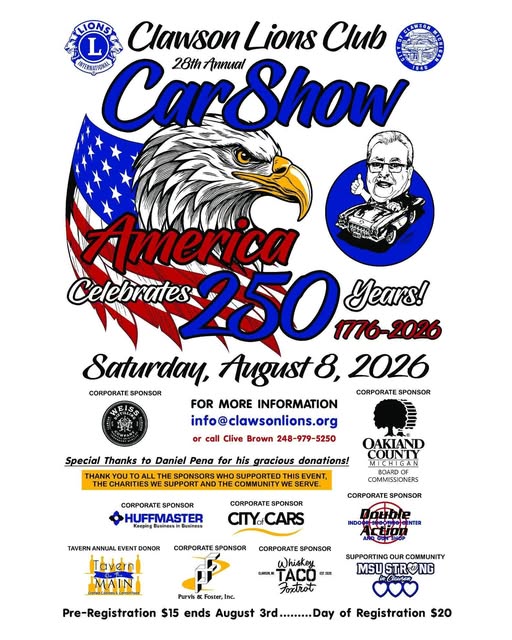 Clawson Lions Club 28th Annual Car Show event at Downtown Clawson in Clawson, MI on August 8, 2026