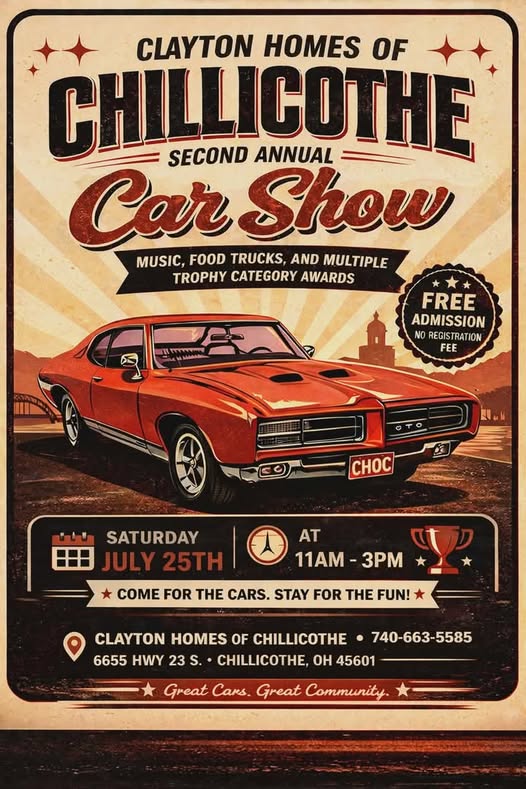 Clayton Homes Of Chillicothe Second Annual Car Show event at Clayton Homes Of Chillicothe in Chillicothe, OH on July 25, 2026