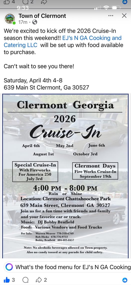 Clermont Georgia 2026 Cruise-In event at Clermont Chattahoochee Park in Clermont, GA on April 4, 2026