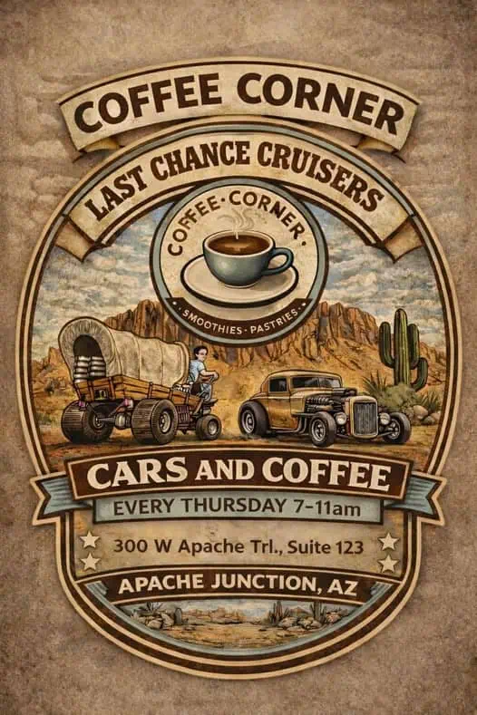 Coffee Corner Last Chance Cruisers Cars And Coffee event at 300 W Apache Trl., Suite 123 in Apache Junction, AZ on April 30, 2026