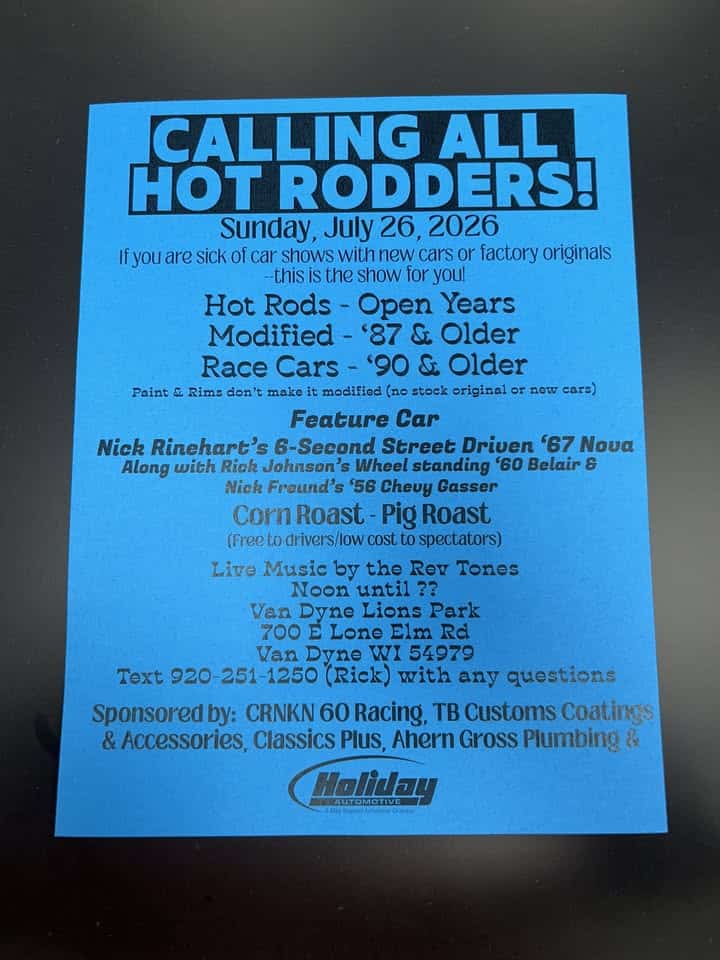 Corn Roast Car Show 2026 event at 700 Lone Elm Rd in Van Dyne, WI on July 26, 2026