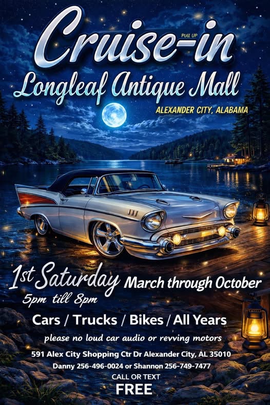 Cruise-In Longleaf Antique Mall event at Longleaf Antique Mall in Alexander City, AL on October 3, 2026