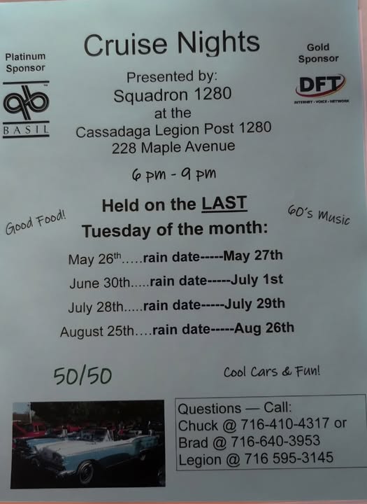 Cruise Nights Presented by: Squadron 1280 event at Cassadaga Legion Post 1280 in Cassadaga, NY on May 26, 2026