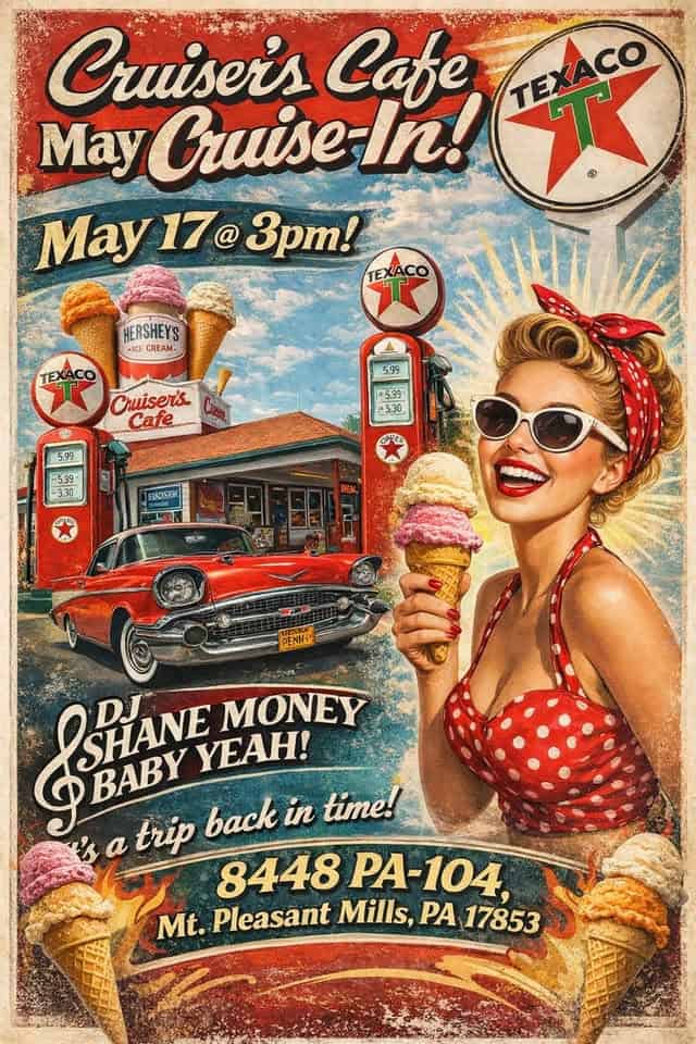 Cruiser's Cafe May Cruise-In! event at 8448 Route 104 in Mount Pleasant Mills, PA on May 17, 2026