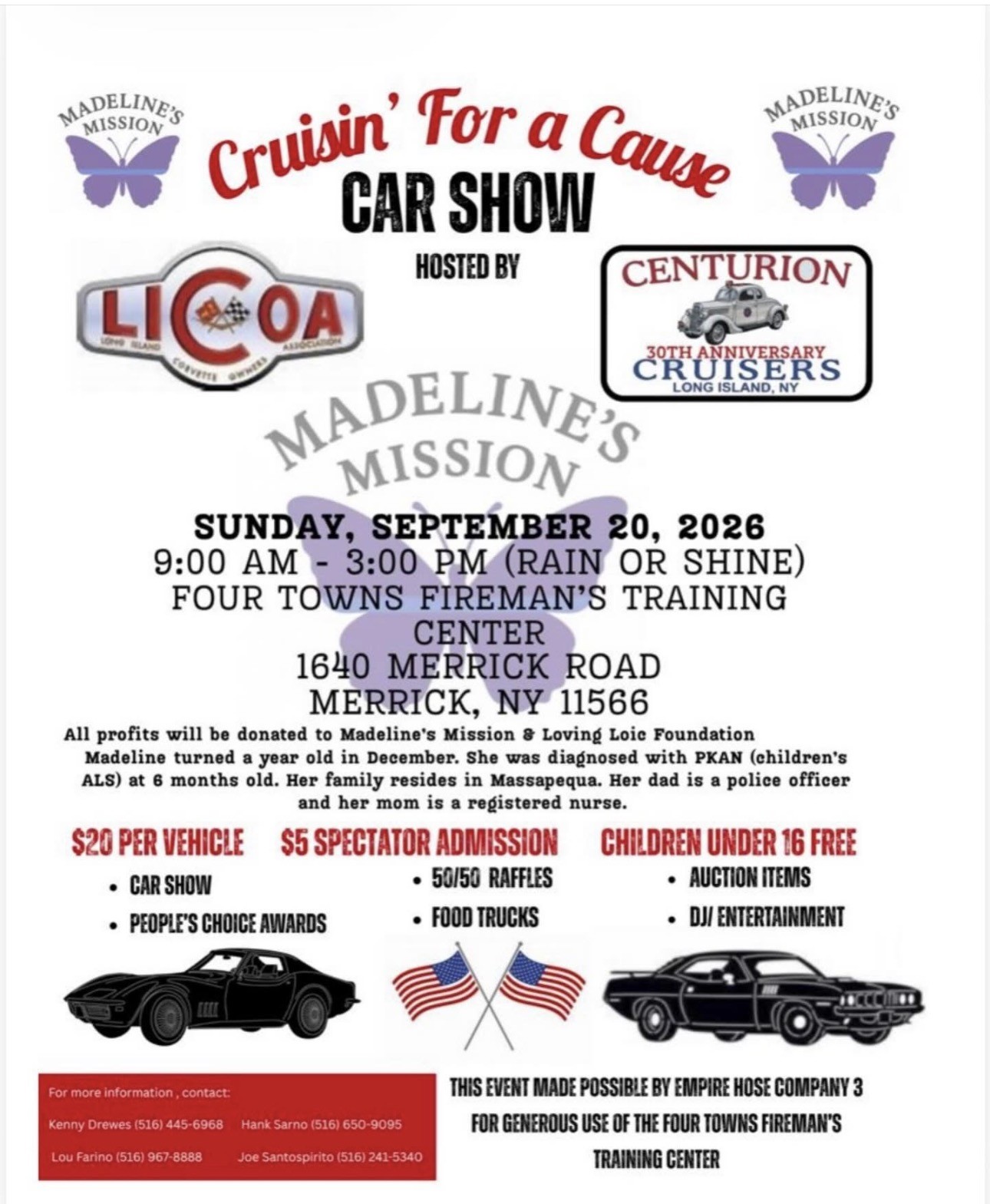 Cruisin' For A Cause Car Show event at Four Towns Fireman's Training Center in Merrick, NY on September 20, 2026