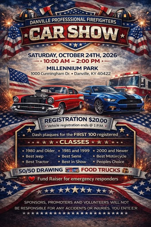 Danville Professional Firefighters Car Show event at Millennium Park in Danville, KY on October 24, 2026