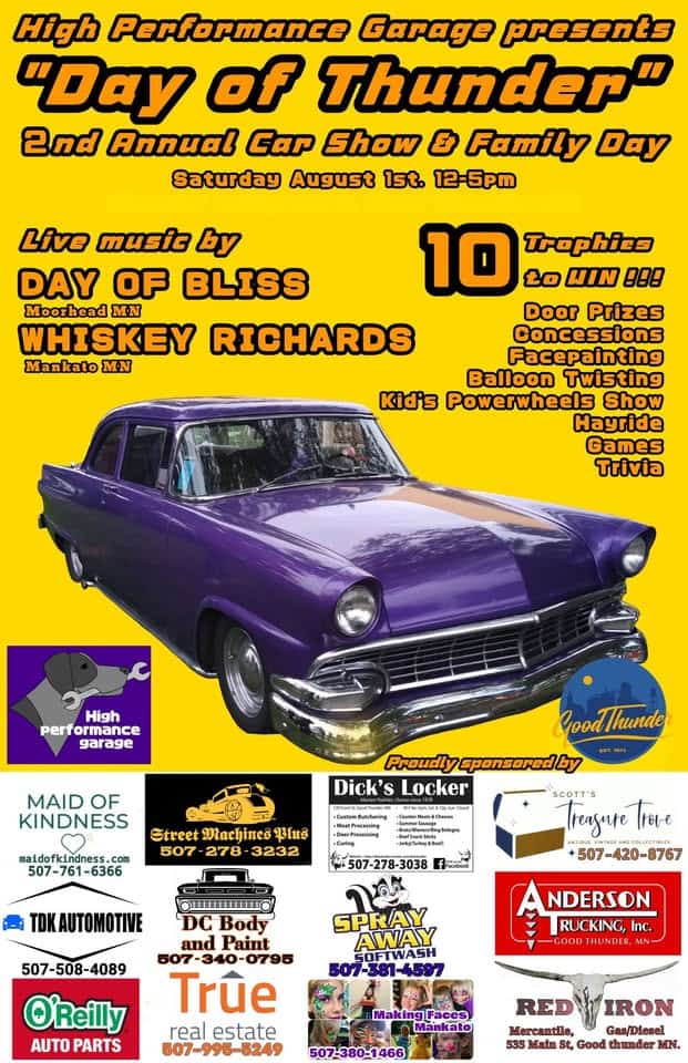 DAY OF THUNDER Carshow and family day, 2026 event at 520 Park St in Good Thunder, MN on August 1, 2026
