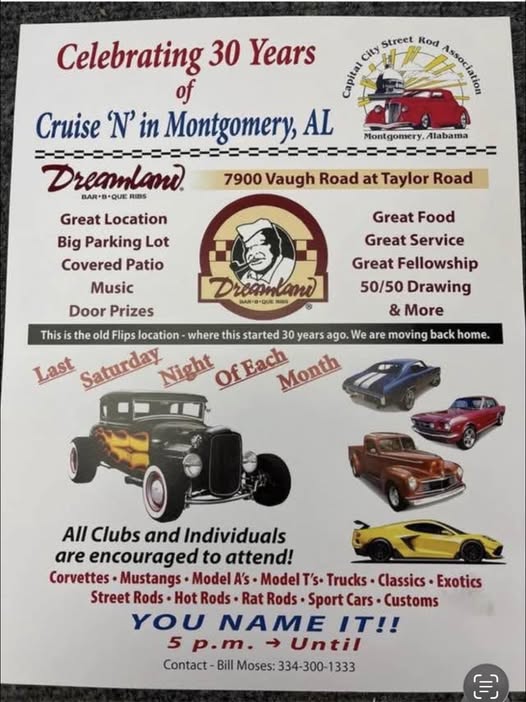 Dreamland Cruise ‘N’ in Montgomery, AL event at Dreamland in Montgomery, AL on April 30, 2026